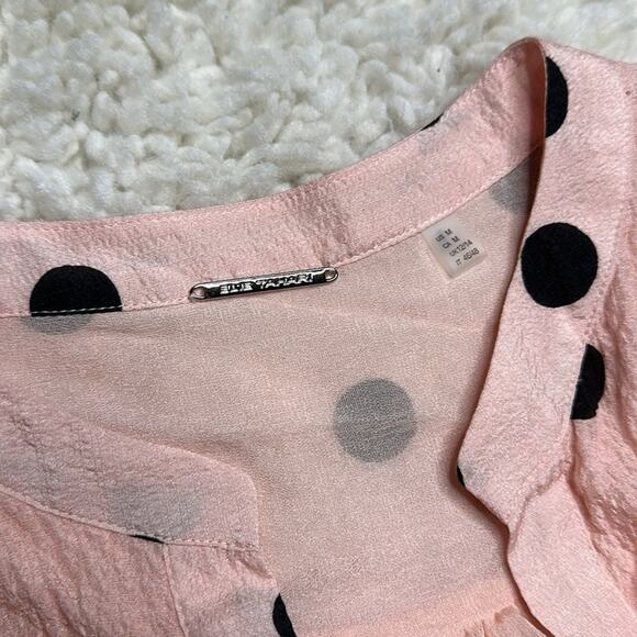 Elie Tahari 100% Silk Polkadot Pink Pastel Black Flowy Long Sleeve Blouse DD13 - Picture 4 of 13